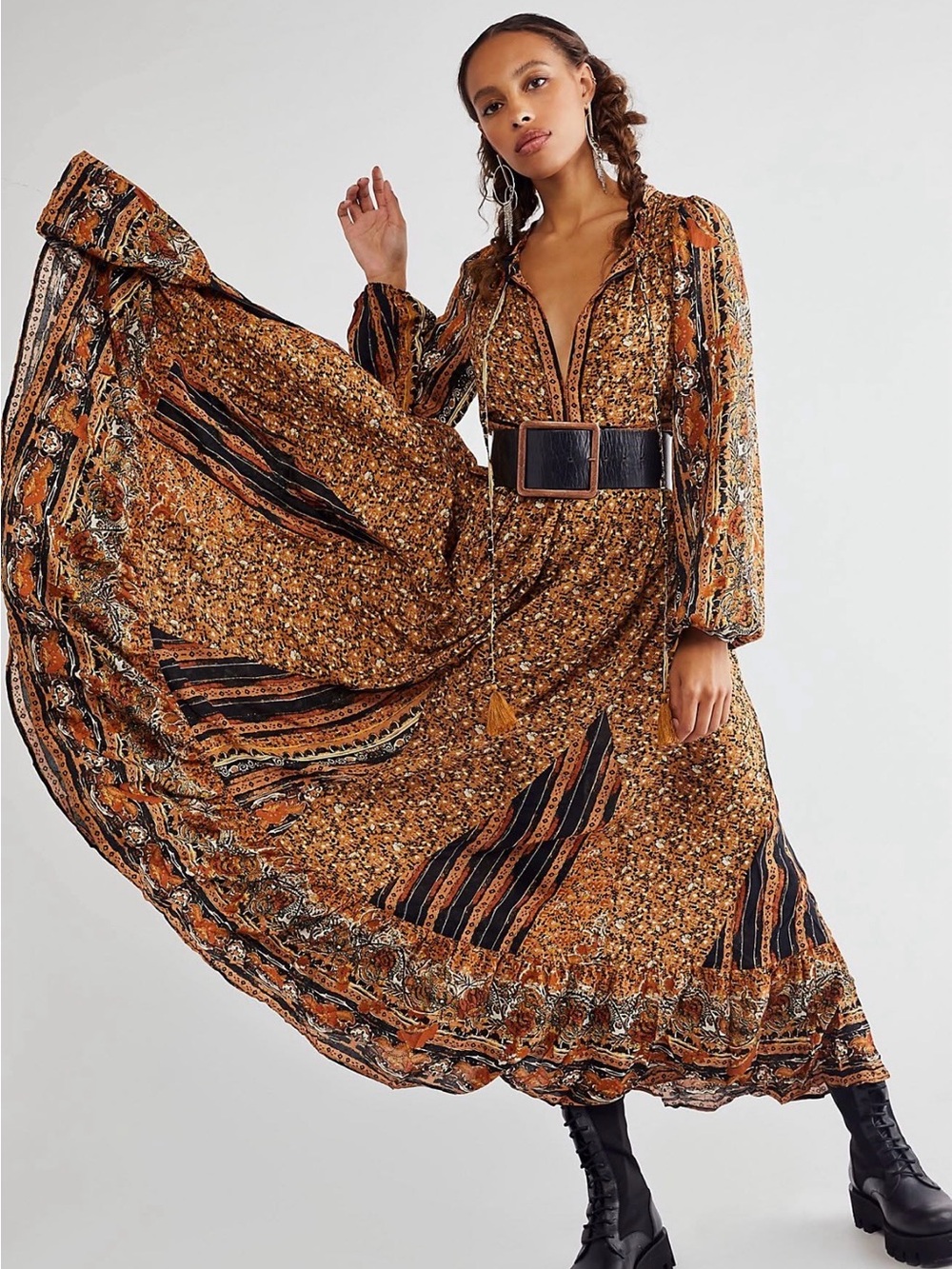 Free People Happy feelings printed boho maxi dress - golden brown floral